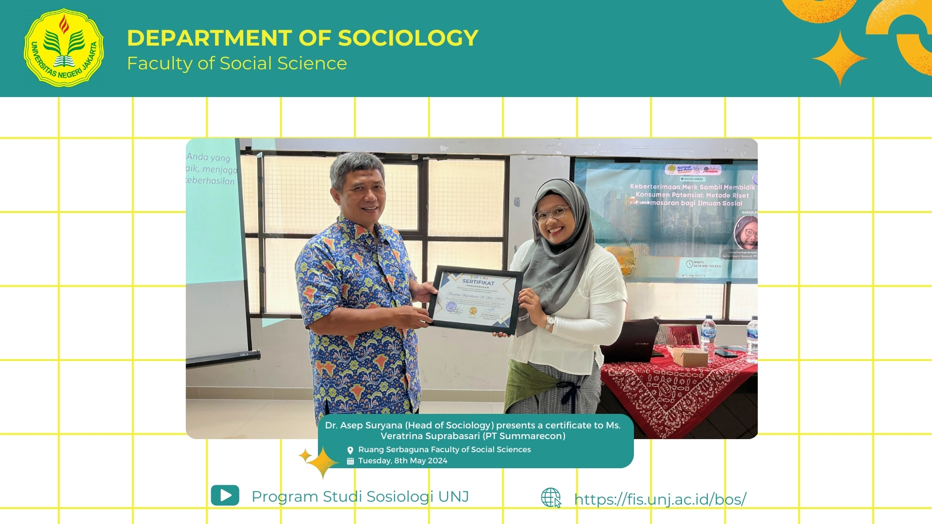 Dr. Asep Suryana (Head of Sociology) presents a certificate to Ms. Veratrina Suprabasari (PT Summarecon)