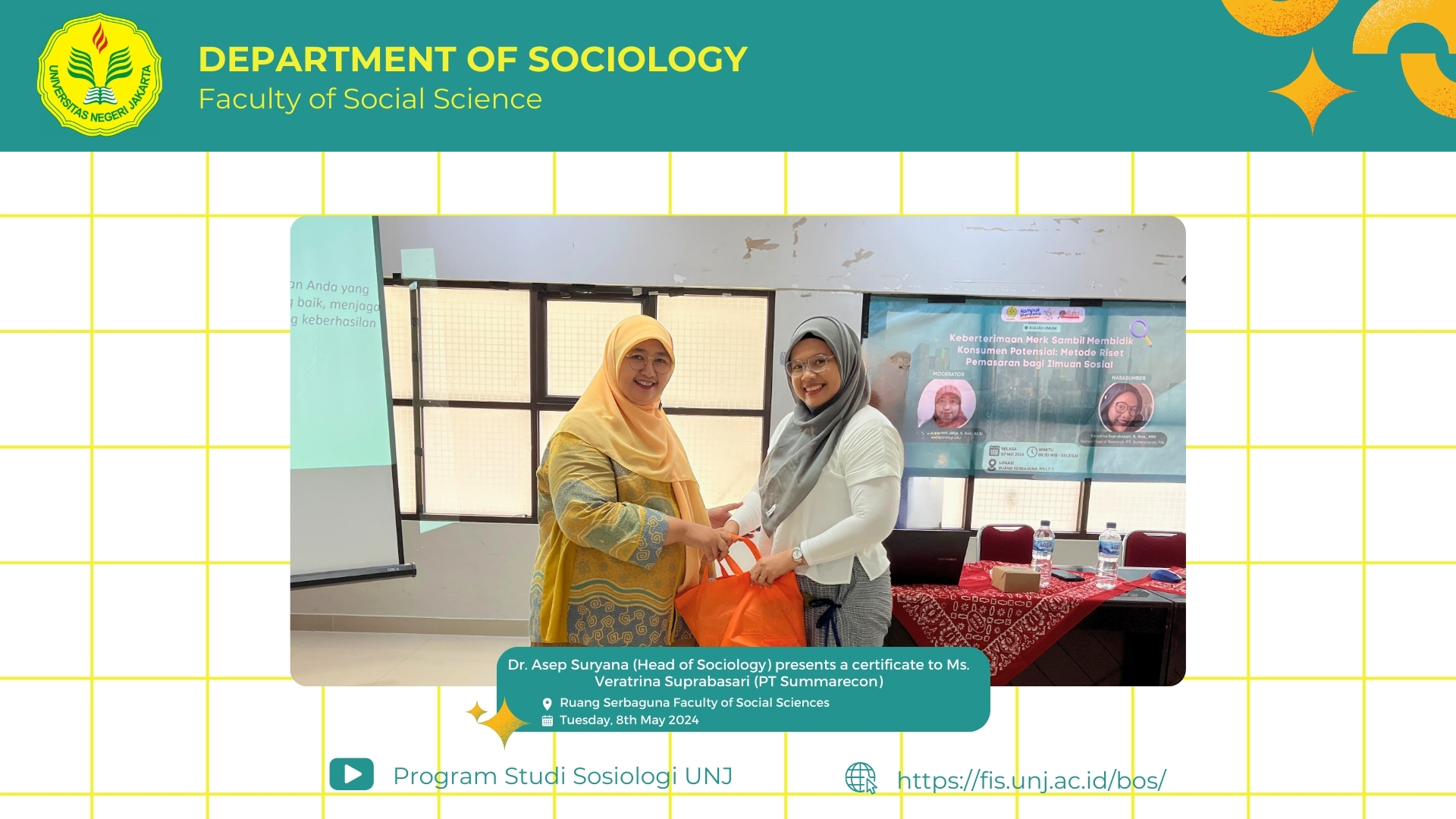 Dr. Asep Suryana (Head of Sociology) presents a certificate to Ms. Veratrina Suprabasari (PT Summarecon)